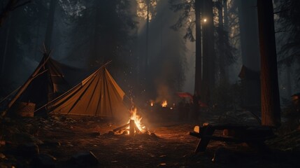 a tent in the forest with fire and firewood - obrazy, fototapety, plakaty