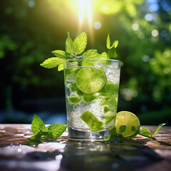 On a wooden table, glass with Mojito, Fresh mint, and lemon, Unusual soft background. Cuba. Alcoholic drinks.