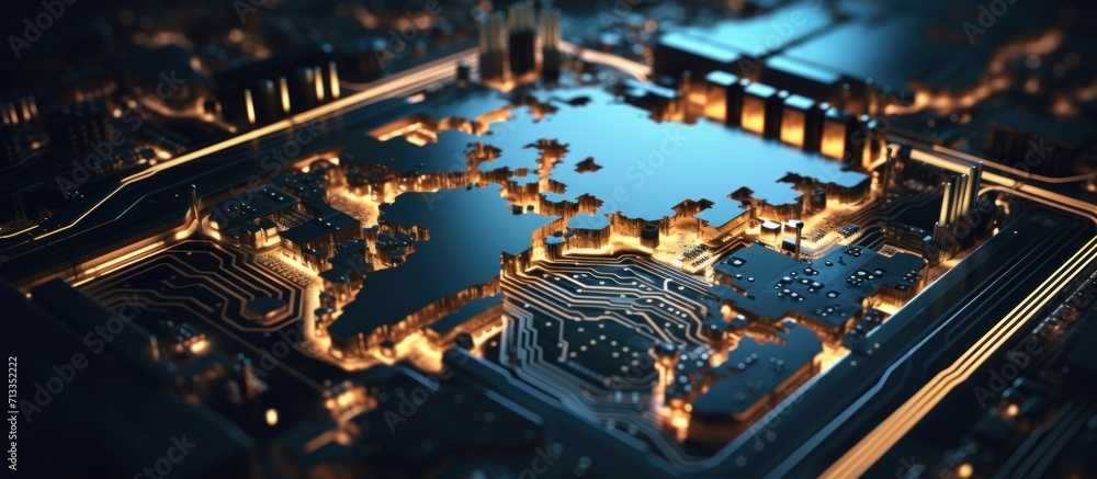 Poster electronic circuit board with a world map in the dark