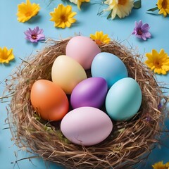 Colorful easter eggs and spring flowers on a blue background - easter spring theme