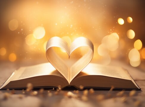 an open book shaped like a heart against the light of the background