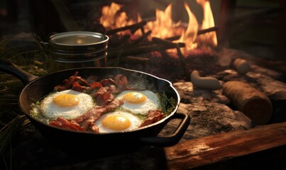 bacon and eggs is a classic camp foods - obrazy, fototapety, plakaty