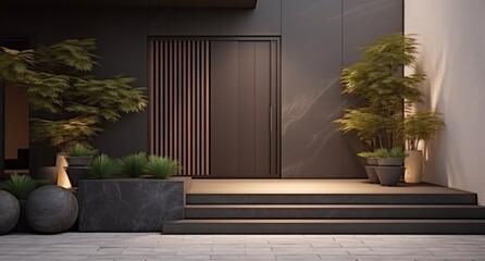 entryway of entrance door with plants - obrazy, fototapety, plakaty