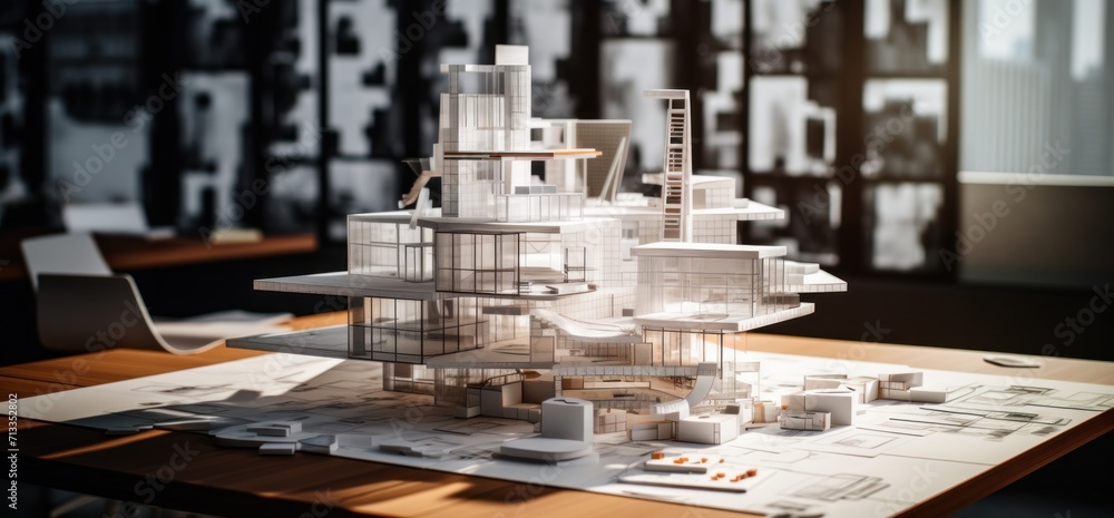 Poster architecture models and paper on the desk