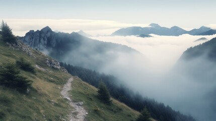 Panoramic landscape, mountain range during autumn. Hiking trail in the mountains.