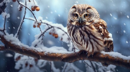 a brown owl sitting on a tree branch in a snowy atmosphere