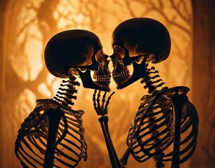 two skeleton skulls touching each other with arms and legs, both facing forward