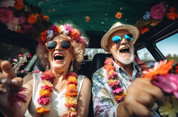 elderly couple wearing sunglass laughing and in a car happy