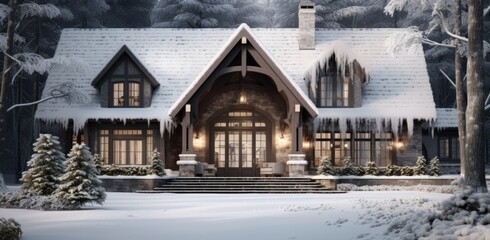 a rustic home in a white snowy winter scene