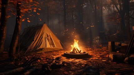 a tent in the forest with fire and firewood