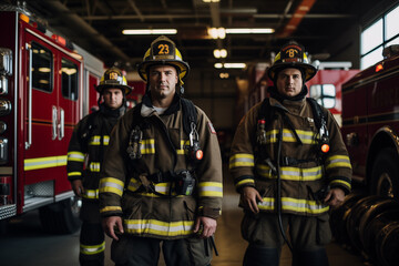 Fototapeta premium Brave confident firefighters team inside fire station. Generative AI