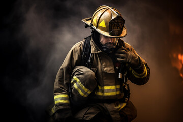 Portrait of firefighter in uniform and helmet in smoke. Generative AI