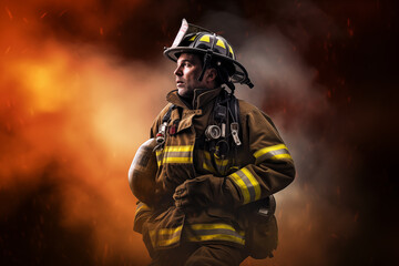 Portrait of firefighter in uniform and helmet in smoke and fire. Generative AI