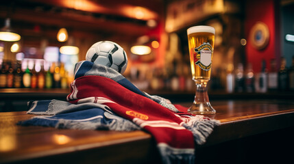 Football bar with soccer accessories, ball and beer glass on the counter. Generative AI