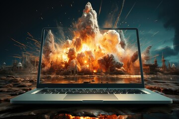 A blazing laptop screen captures the intense heat and destructive power of a fiery explosion, symbolizing the dangers of technology and the consequences of playing with fire - obrazy, fototapety, plakaty
