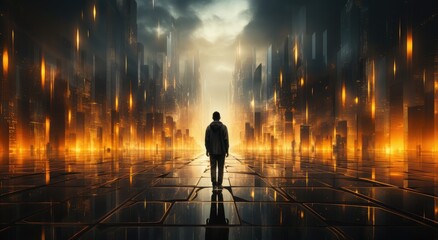 Fototapeta premium A lone figure stands amidst the eerie fog, gazing up at the towering skyscrapers of the bustling city as the night sky illuminates his silhouette in a soft, ethereal light