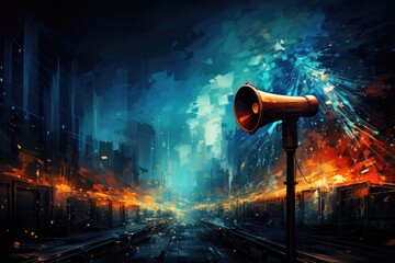 A towering megaphone atop a pole in a bustling city, its shrill voice spreading like wildfire, echoing the scorching heat and choking smoke emanating from the nearby factory - obrazy, fototapety, plakaty