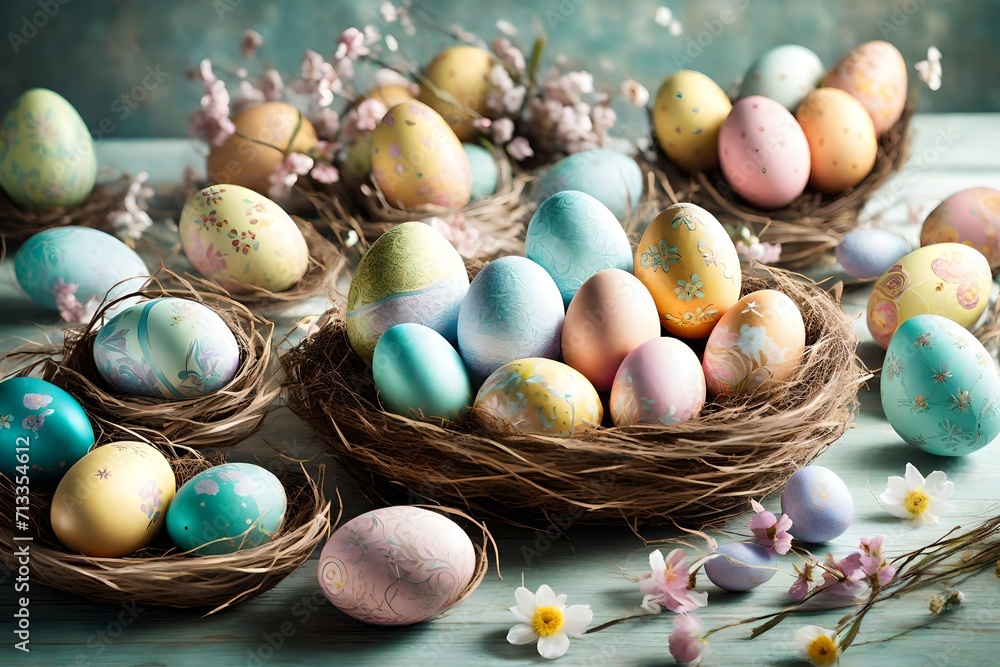 Poster delicate pastel-colored easter eggs arranged in nest-shaped baskets, creating an enchanting display 