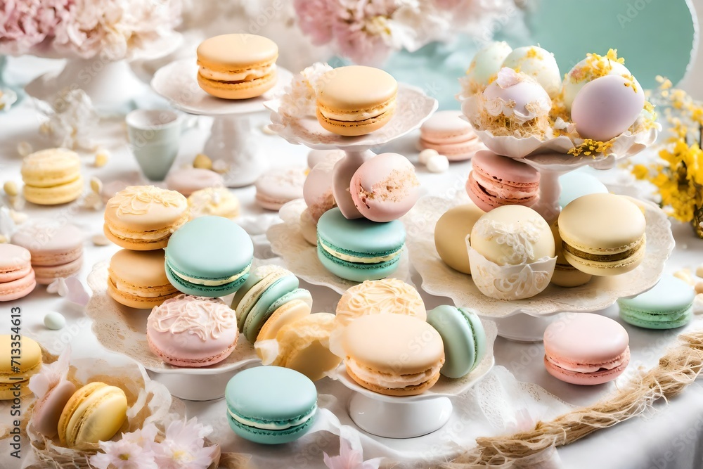 Poster artfully arranged easter-themed macarons on a dessert table, showcasing an array of delightful paste
