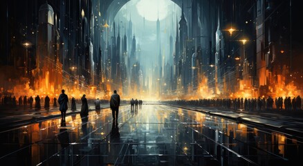 A group of people brave the rain-soaked city streets, their faces illuminated by the soft glow of streetlights reflecting off the slick pavement and glistening water droplets