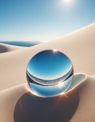 砂の上の透き通る水晶玉 光を受けてきらきらと反射している様  A clear crystal ball on the sand, glistening and reflecting the light. - obrazy, fototapety, plakaty