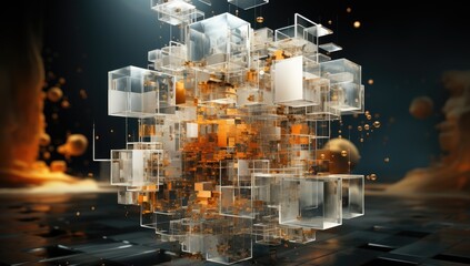 An otherworldly spacecraft glides through an indoor chamber, its walls adorned with transparent cubes, each filled with shimmering gold and silver squares