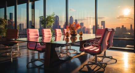 Amidst the bustling city, a sleek glass coffee table adorned with vibrant pink chairs and a delicate vase stands beneath the clear blue sky, perfectly reflecting the modernity and elegance of the ind - obrazy, fototapety, plakaty