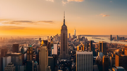 Fototapeta premium Sunset Aerial View of Empire State Building Spire and a Top Deck Tourist Observatory. New York City Business Center From Above. Helicopter Image of an Architectural Wonder in Midtown Manhattan