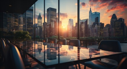 A dynamic skyline frames a stylish outdoor gathering, with chairs and a table reflecting the skyscrapers and cityscape while the sky transitions from sunrise to sunset in the background
