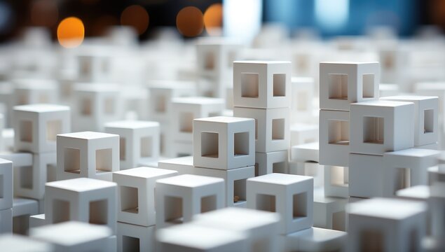 A playful group of white lego cubes come together to form a dynamic and imaginative structure, evoking a sense of nostalgia and endless possibilities