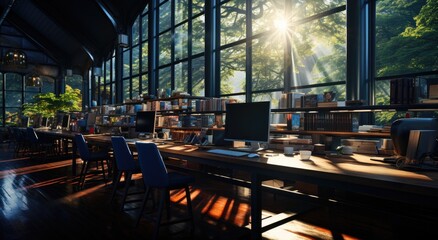 A cozy study filled with sunlight and modern technology, perfect for escaping into a world of knowledge and imagination