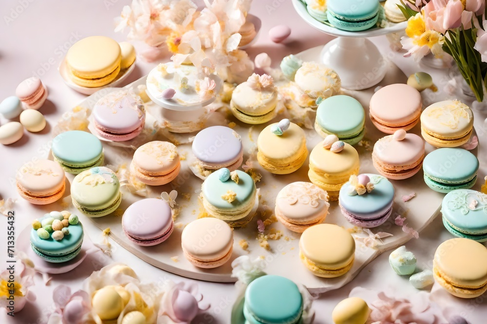Poster artfully arranged easter-themed macarons on a dessert table, showcasing an array of delightful paste