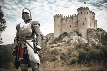 Naklejka premium Armored knight standing over medieval castle on background. Generative AI