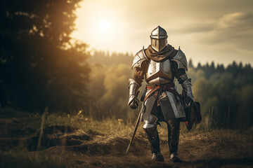 Brave medieval knight walking through forest valley landscape. Generative AI