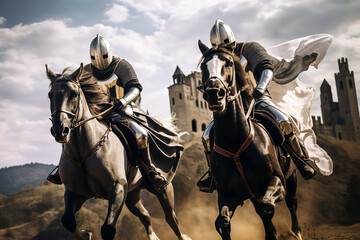 Two knights riding horses galloping dramatic scene. Generative AI