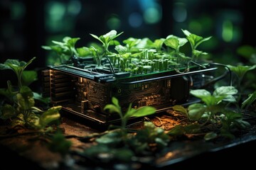 A vibrant herb sprouts from the keyboard of a computer, bringing life to the sterile environment and bridging the gap between technology and nature