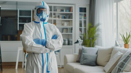 Growing threat of pandemic, doctor in protective suit in living room helps to solve problem with virus sick residents