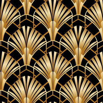 abstract geometric golden background. Art deco wedding, party pattern, geometric ornament, linear style with leaves. Horizontal orientation luxury