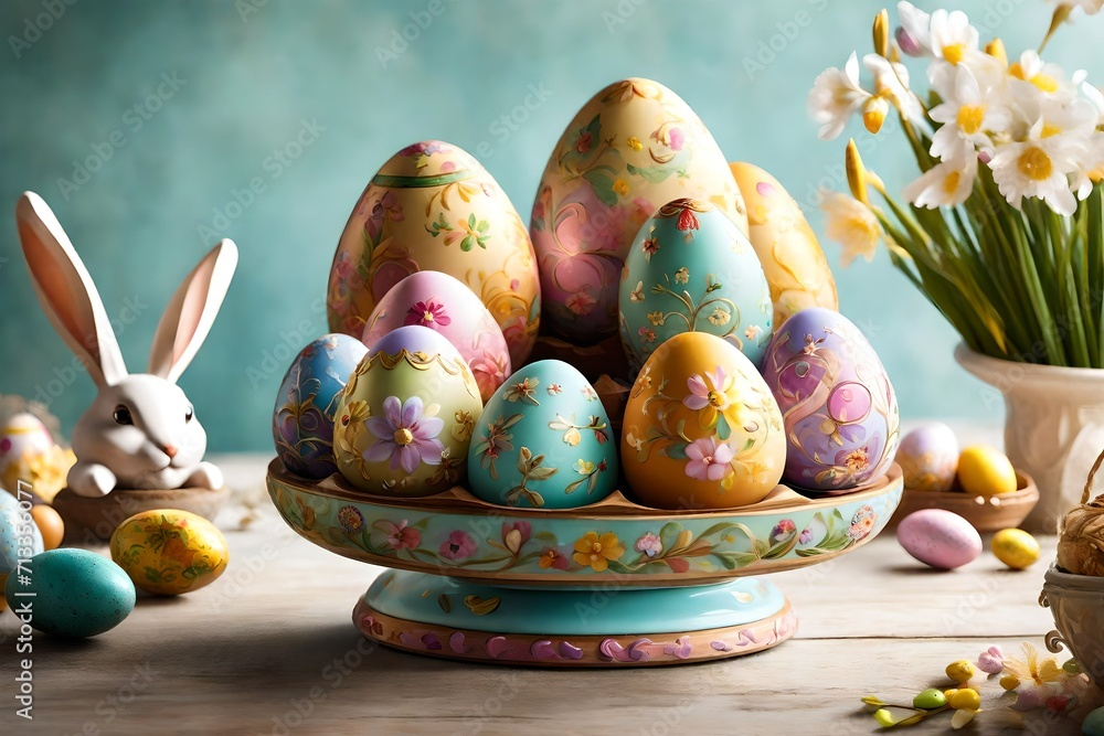 Poster a charming easter egg carousel adorned with colorful eggs, spinning gracefully and adding a touch of