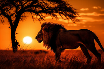 Lion silhouette at sunset. Generative AI