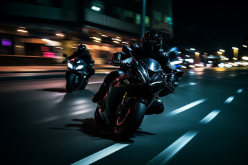 Racing motorcycle drivers with dynamic speed in night city street. Generative AI