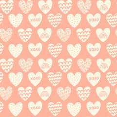 Valentine's Day Romantic Seamless Pattern with playful and whimsical illustrations of cute hearts on pink background