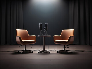 Two chairs and microphones in podcast or interview room isolated on dark background designs as a wide banner for media conversations or podcast streamers concepts with copy space design.