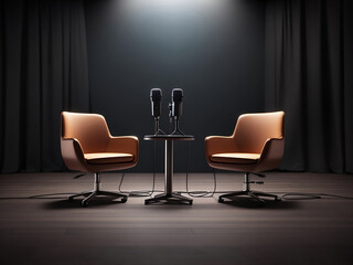 Fototapeta premium Two chairs and microphones in podcast or interview room isolated on dark background designs as a wide banner for media conversations or podcast streamers concepts with copy space design.