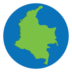 Colombia map. Map of Colombia in green color in globe design with blue circle color.