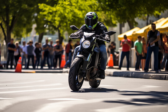 Man riding fast on modern sport motorbike at city street. Generative AI