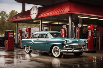 Retro old-fashioned car at obsolete gas station. Generative AI