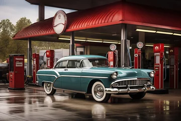 Fototapeten Retro old-fashioned car at obsolete gas station. Generative AI © Nomad_Soul