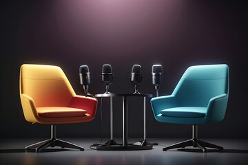 Two chairs and microphones in podcast or interview room isolated on dark background designs as a wide banner for media conversations or podcast streamers concepts with copy space design.