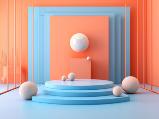 3d empty product display podium for presentations. Abstract composition of colorful geometric shapes and spheres in a playful and modern display with contrasting orange and blue tones.